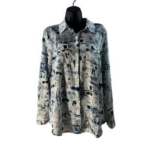 Karl Lagerfeld Paris Womens Graphic Print Long Sleeve Button-Down Shirt M 100% P
